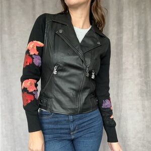 Desigual Black Faux Leather Jacket with Knit Floral Sleeves, Size 36 Small